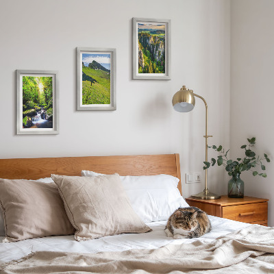 3-piece wall art set Green mountain landscapes with a waterfall and forest