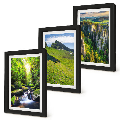3-piece wall art set Green mountain landscapes with a waterfall and forest