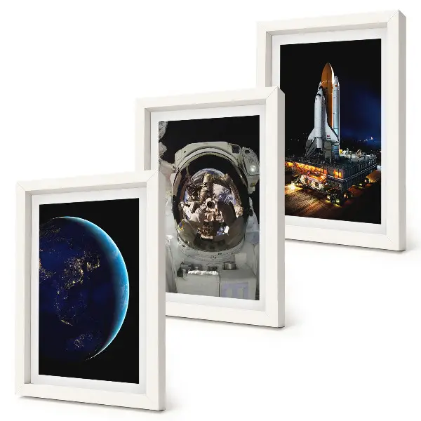Space theme wall art set 3-piece canvas print with Earth, astronaut, and rocket