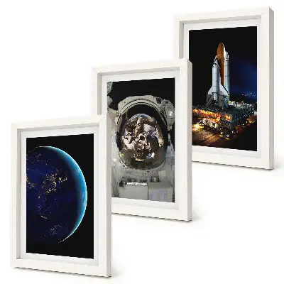 Space theme wall art set 3-piece canvas print with Earth, astronaut, and rocket