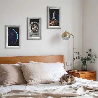 Space theme wall art set 3-piece canvas print with Earth, astronaut, and rocket