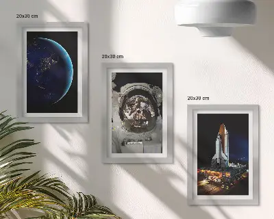 Space theme wall art set 3-piece canvas print with Earth, astronaut, and rocket
