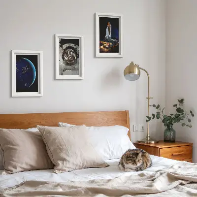 Space theme wall art set 3-piece canvas print with Earth, astronaut, and rocket