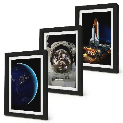 Space theme wall art set 3-piece canvas print with Earth, astronaut, and rocket