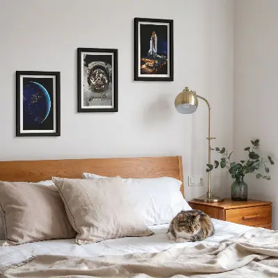 Space theme wall art set 3-piece canvas print with Earth, astronaut, and rocket