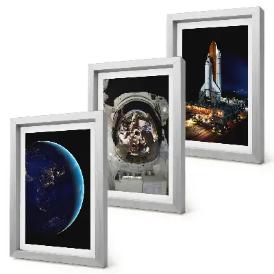 Space theme wall art set 3-piece canvas print with Earth, astronaut, and rocket