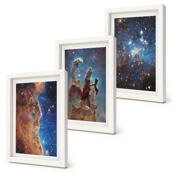 Framed triptych Space landscapes with galaxies and nebulae