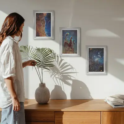 Space landscapes with galaxies and nebulae framed triptych