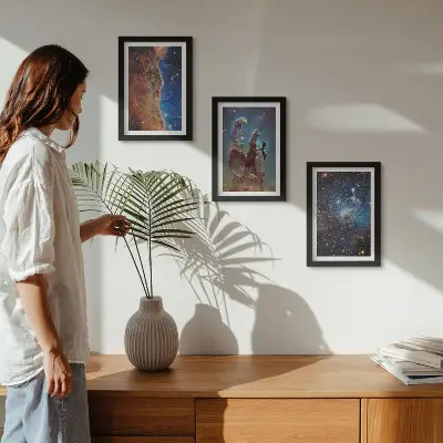 Space landscapes with galaxies and nebulae framed triptych