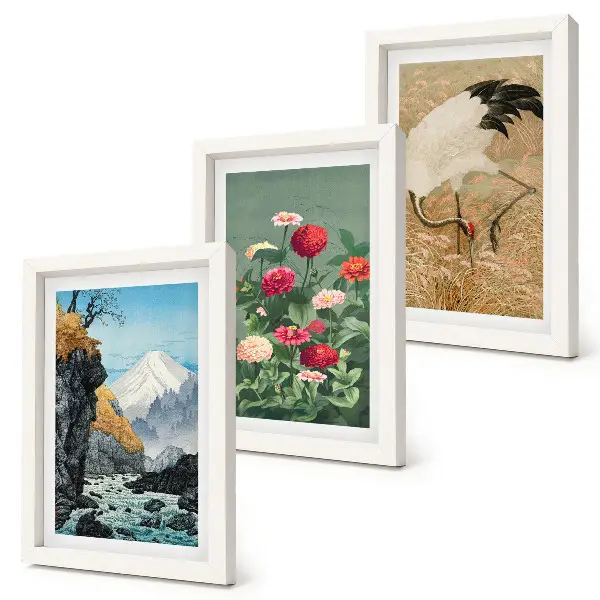 3-piece wall art set mountains, river, and floral landscape with cranes