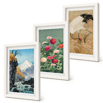 3-piece wall art set Mountains in the landscape, river, flowers and cranes in the grass