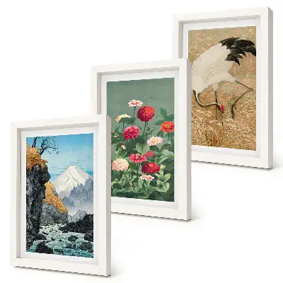 3-piece wall art set mountains, river, and floral landscape with cranes