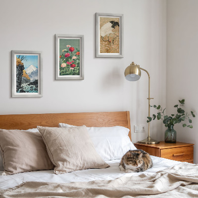 3-piece wall art set Mountains in the landscape, river, flowers and cranes in the grass