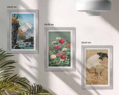 3-piece wall art set Mountains in the landscape, river, flowers and cranes in the grass