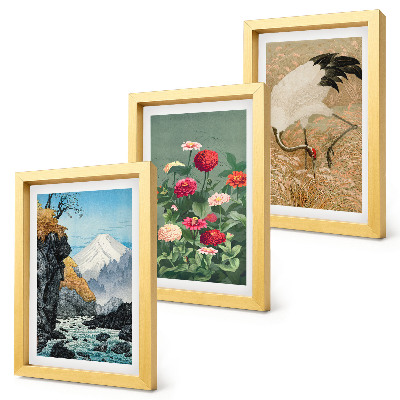 3-piece wall art set Mountains in the landscape, river, flowers and cranes in the grass