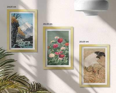 3-piece wall art set Mountains in the landscape, river, flowers and cranes in the grass