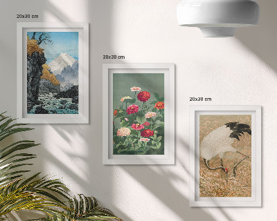 3-piece wall art set Mountains in the landscape, river, flowers and cranes in the grass