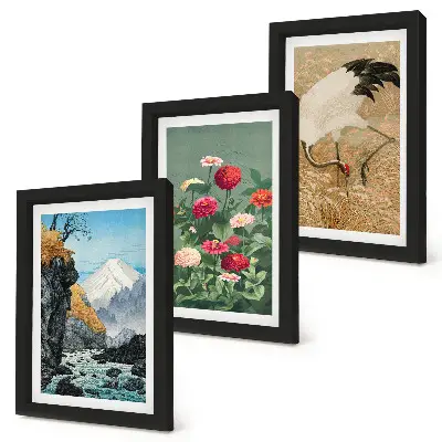3-piece wall art set mountains, river, and floral landscape with cranes