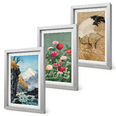 3-piece wall art set Mountains in the landscape, river, flowers and cranes in the grass