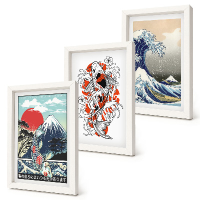 Framed triptych Illustrations of mountains of fish and the Great Wave off Kanagawa, Japanese style
