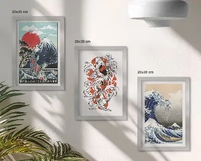 Japanese style mountain and Great Wave off Kanagawa illustrations framed triptych