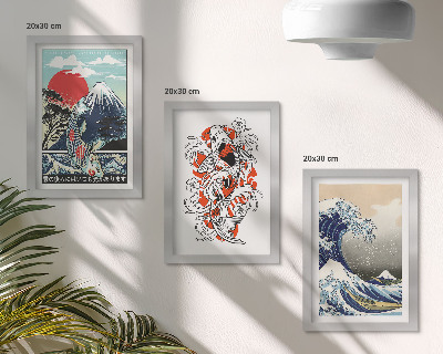 Framed triptych Illustrations of mountains of fish and the Great Wave off Kanagawa, Japanese style