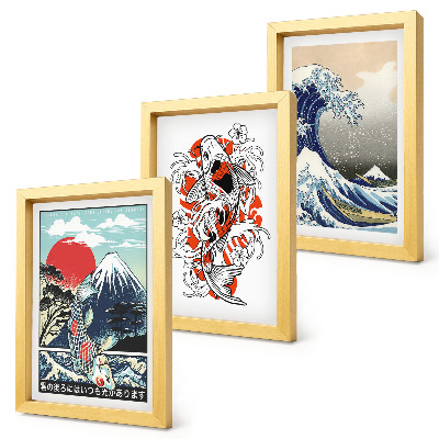 Framed triptych Illustrations of mountains of fish and the Great Wave off Kanagawa, Japanese style