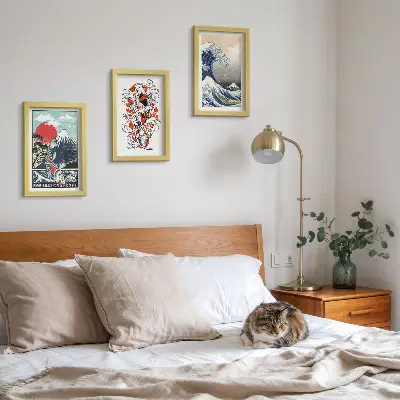 Japanese style mountain and Great Wave off Kanagawa illustrations framed triptych