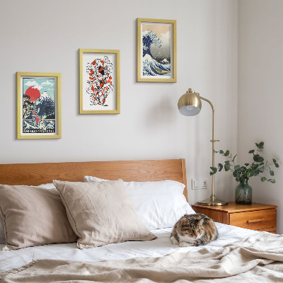 Framed triptych Illustrations of mountains of fish and the Great Wave off Kanagawa, Japanese style