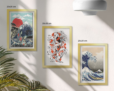 Framed triptych Illustrations of mountains of fish and the Great Wave off Kanagawa, Japanese style