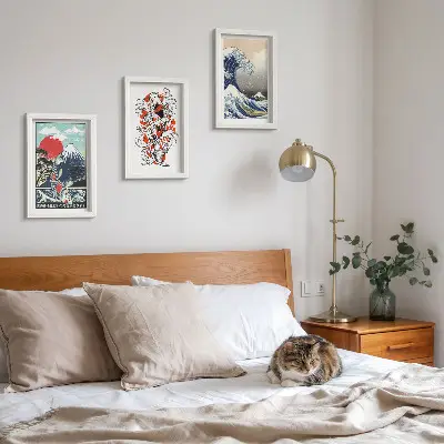 Japanese style mountain and Great Wave off Kanagawa illustrations framed triptych