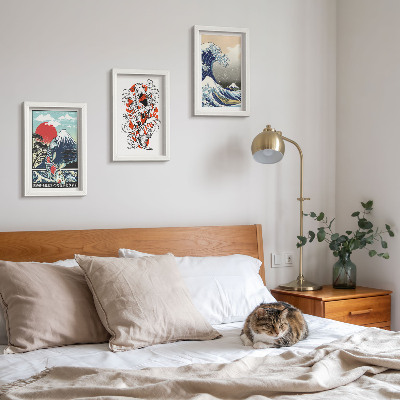 Framed triptych Illustrations of mountains of fish and the Great Wave off Kanagawa, Japanese style