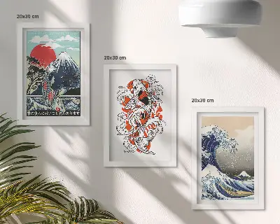 Japanese style mountain and Great Wave off Kanagawa illustrations framed triptych