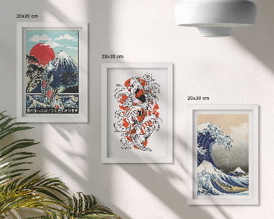 Framed triptych Illustrations of mountains of fish and the Great Wave off Kanagawa, Japanese style
