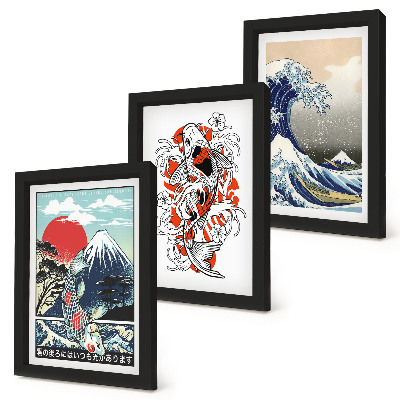 Framed triptych Illustrations of mountains of fish and the Great Wave off Kanagawa, Japanese style