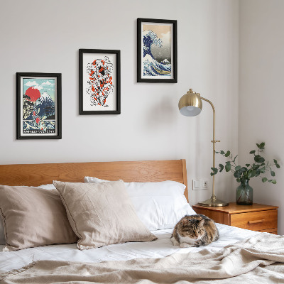 Framed triptych Illustrations of mountains of fish and the Great Wave off Kanagawa, Japanese style
