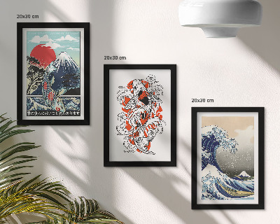 Framed triptych Illustrations of mountains of fish and the Great Wave off Kanagawa, Japanese style