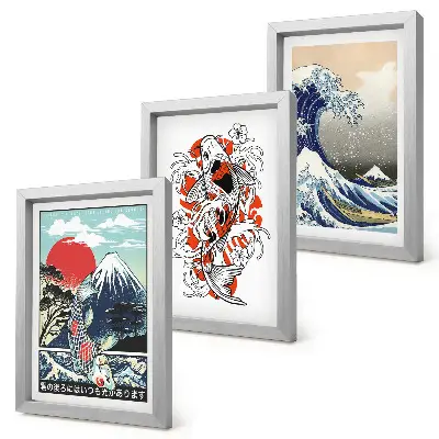 Japanese style mountain and Great Wave off Kanagawa illustrations framed triptych
