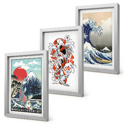 Framed triptych Illustrations of mountains of fish and the Great Wave off Kanagawa, Japanese style