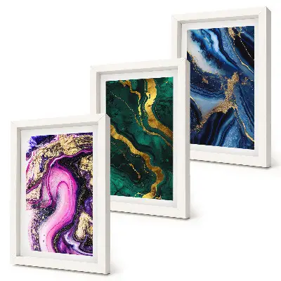 Photo frame wall with abstract patterns in shades of pink, green, and blue