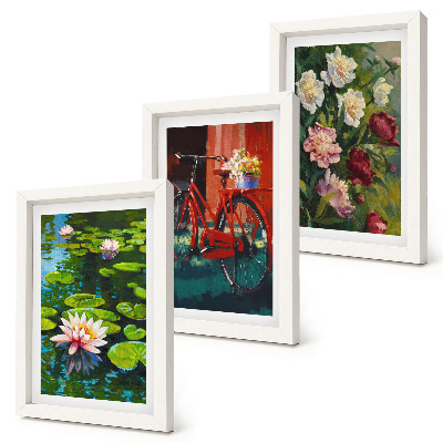 Framed triptych Lilies on the water, bicycle in the garden, colorful flowers