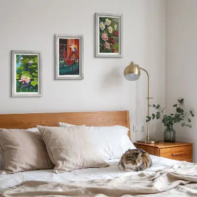 Framed triptych wall art lilies on the water, bicycle in the garden, and colorful flowers