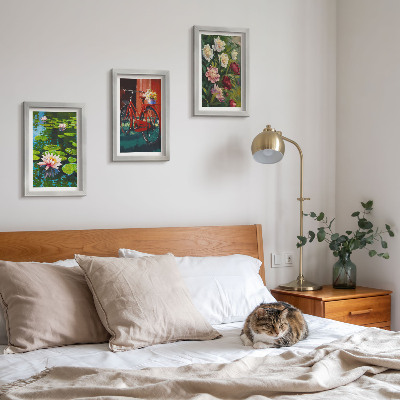Framed triptych Lilies on the water, bicycle in the garden, colorful flowers