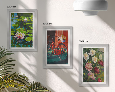Framed triptych Lilies on the water, bicycle in the garden, colorful flowers