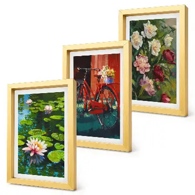 Framed triptych wall art lilies on the water, bicycle in the garden, and colorful flowers