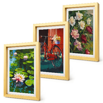 Framed triptych Lilies on the water, bicycle in the garden, colorful flowers
