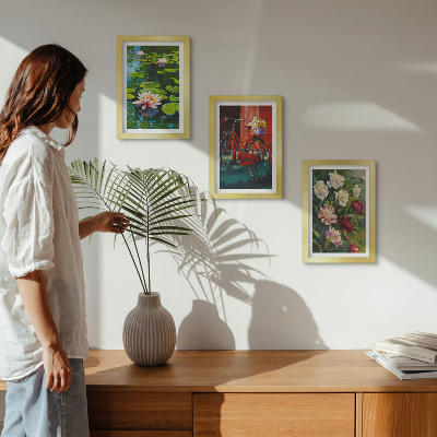 Framed triptych Lilies on the water, bicycle in the garden, colorful flowers