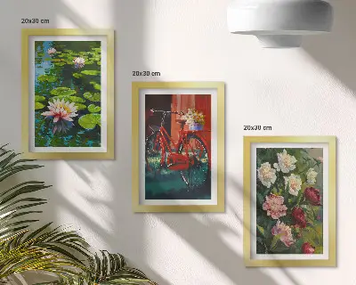Framed triptych wall art lilies on the water, bicycle in the garden, and colorful flowers