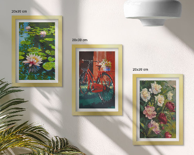 Framed triptych Lilies on the water, bicycle in the garden, colorful flowers