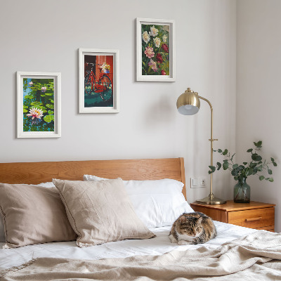 Framed triptych Lilies on the water, bicycle in the garden, colorful flowers